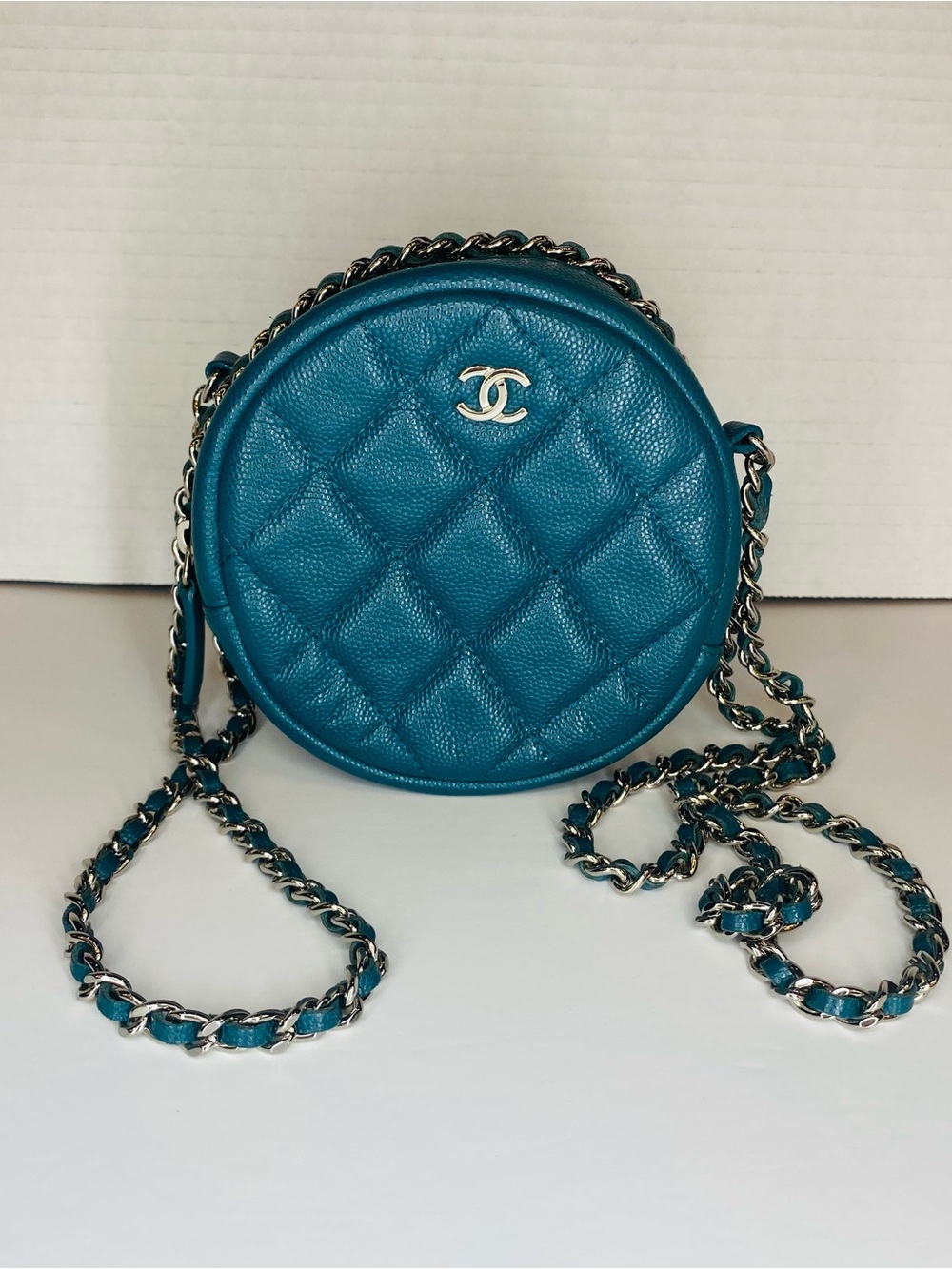CHANEL Teal Quilted Round Crossbody Bag with Chain Strap